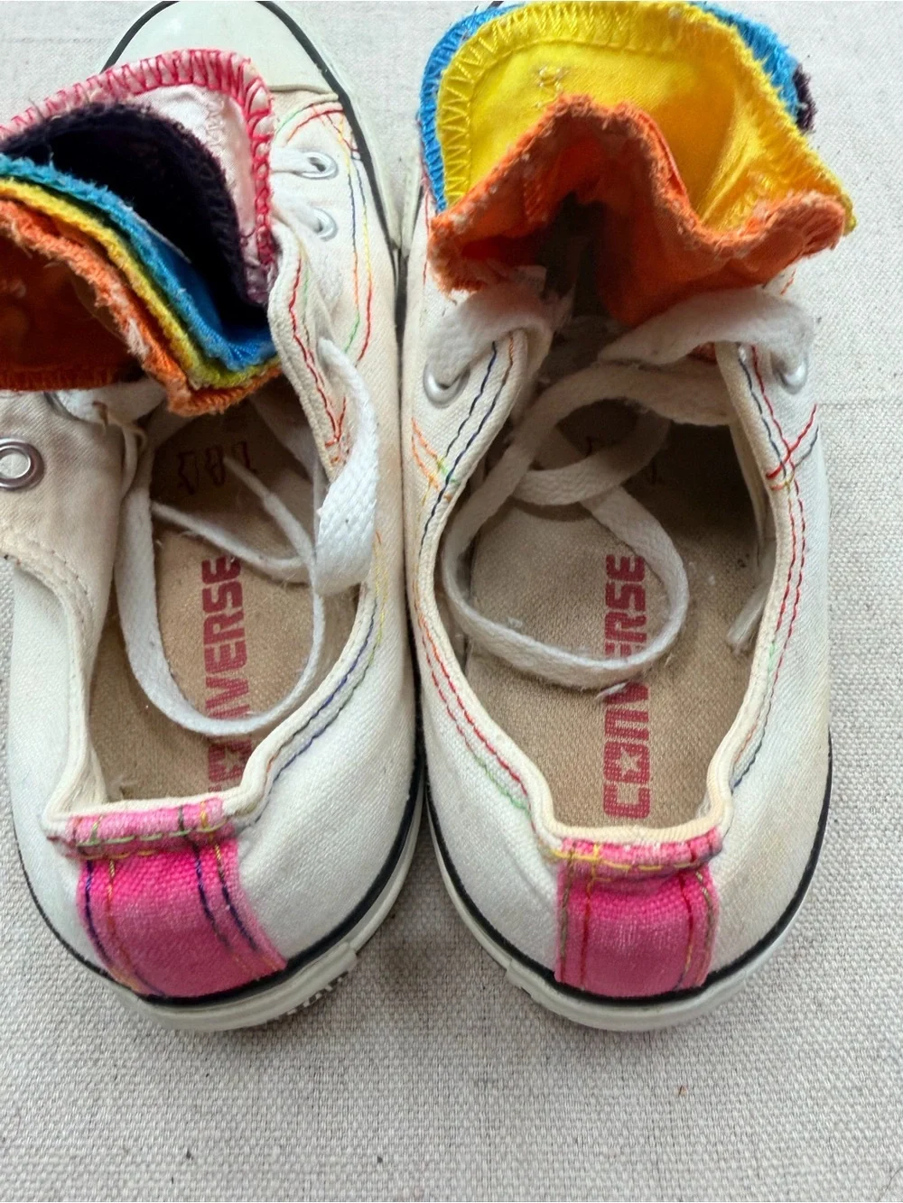 Converse Kids Low Top Sneakers with Rainbow Layered Tongues - White